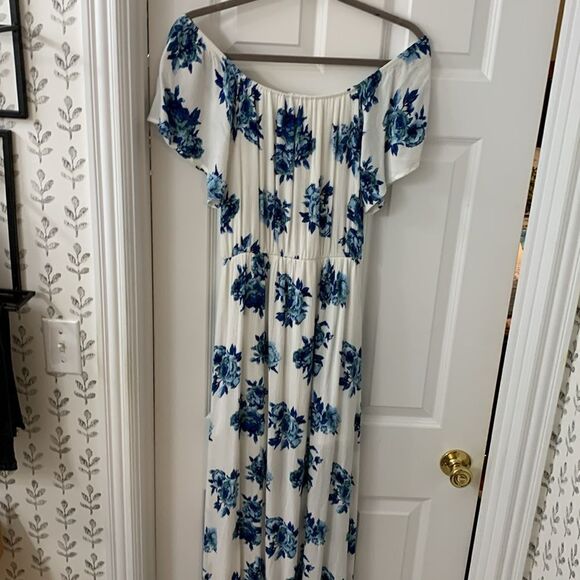 Peach Love lined (mini) floral maxi dress.  On/off shoulder - Picture 6 of 9